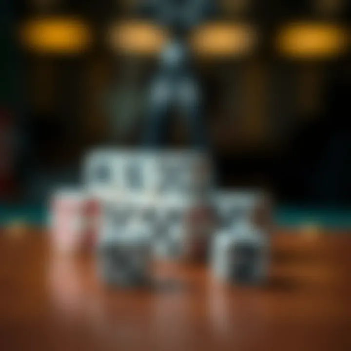 Common Dice on a Table A close-up of common dice on a wooden table, showing different faces with numbers visible, emphasizing randomness in games.