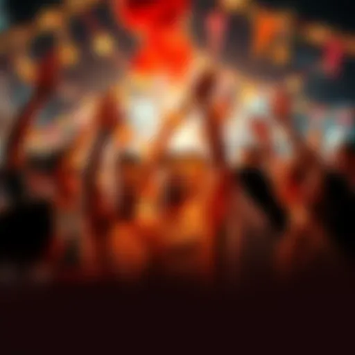 A group of people celebrating a Saturday night victory with joy and excitement, surrounded by decorations and festive lights.