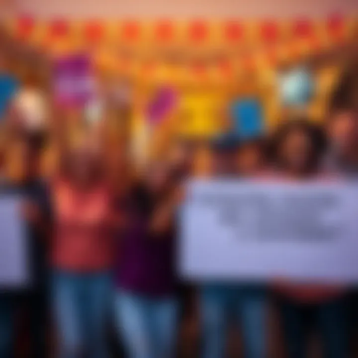 A group of happy people gathered together, cheering and holding signs celebrating their recent achievements.