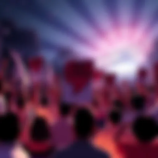 People gathering to express excitement after a major announcement, with banners and positive signs.