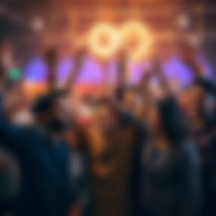 A diverse group of people celebrating their significant victories together, with smiles and cheers in a festive atmosphere.