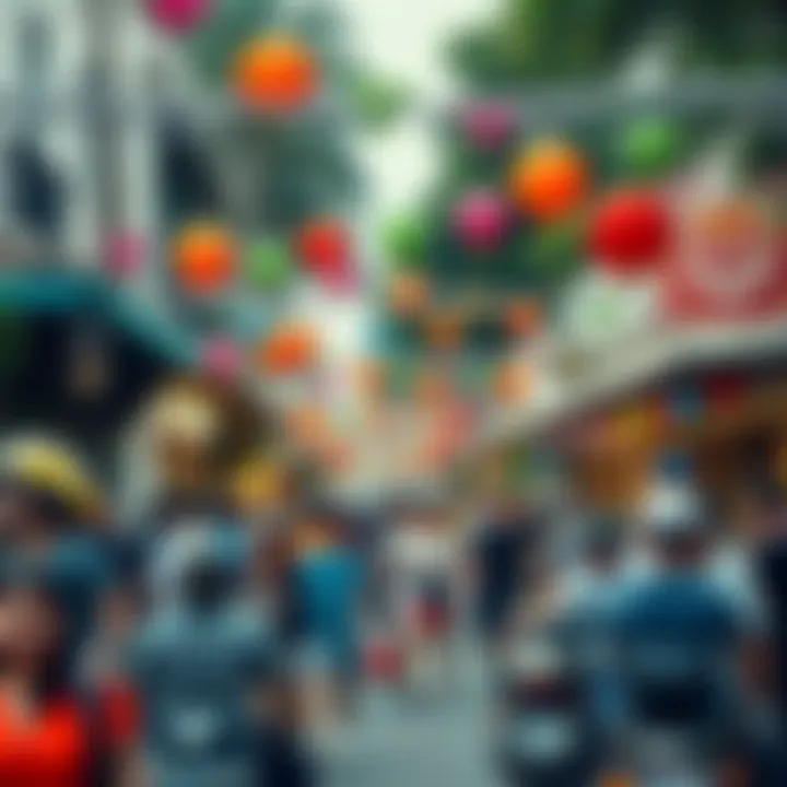 A lively street filled with people enjoying a local festival, with colorful decorations and festive activities.