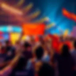 A crowd of excited people cheering with banners, celebrating an upcoming event.