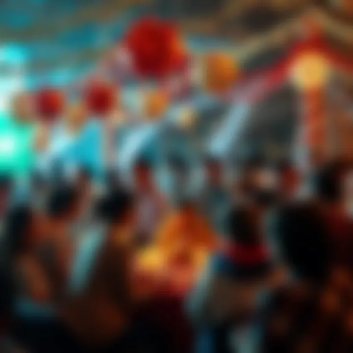 People engaging in Mil Xes activity, sharing ideas and celebrating locally, with decorations and a festive atmosphere.