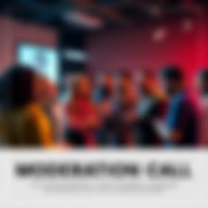 A group of diverse individuals discussing community moderation, encouraging participation and sharing experiences.
