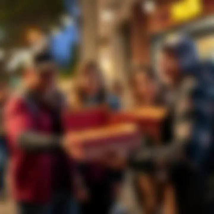 Community Pizza Giveaway A person handing out pizza boxes to four strangers with smiles, promoting community spirit.