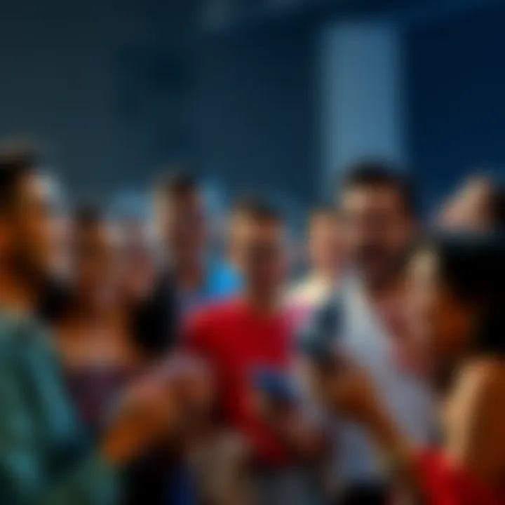 A group of diverse people discussing passionately about a controversial decision on social media, showing different emotions and opinions.