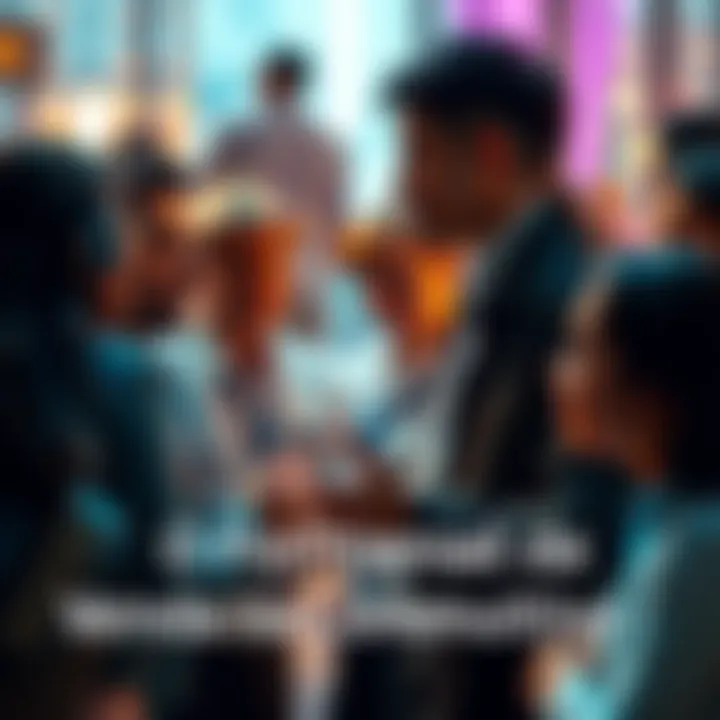 People engaged in conversation about sales and community benefits