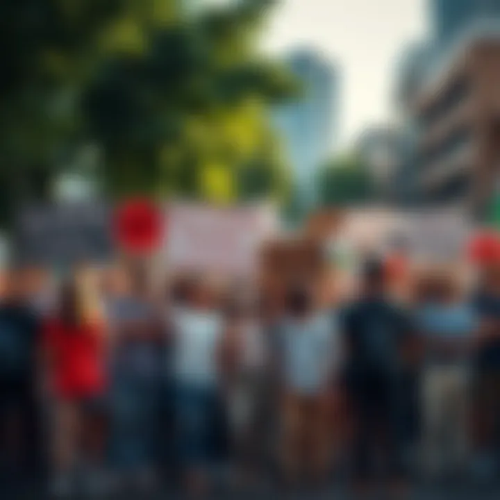 A diverse group of people standing together, holding signs advocating for community causes, showing unity and support.