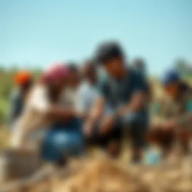 A group of diverse people collaborating on community projects outdoors