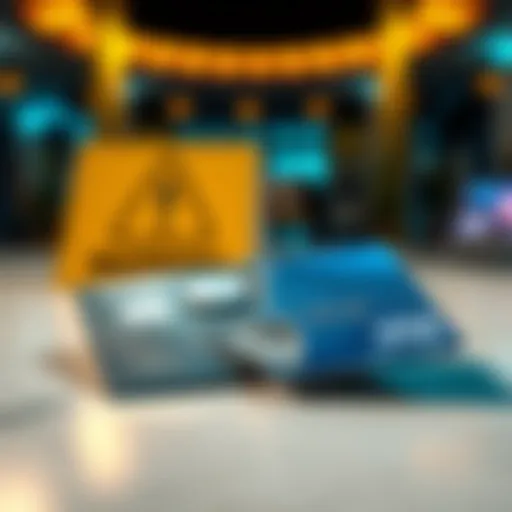 A close-up of a damaged credit card on a table with a warning sign in the background