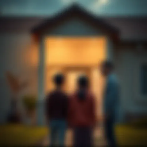 Concerned family in front of their home A worried family standing outside their house, discussing their future and the possibility of losing their home.