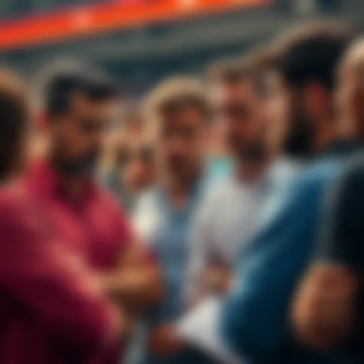 A group of people talking with worried expressions about the absence of a well-known betting tipster.