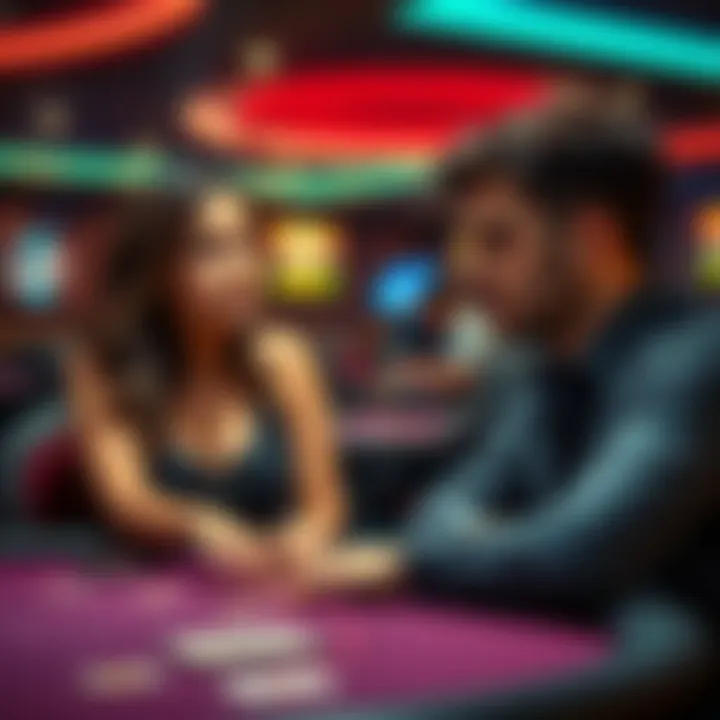 A worried young woman looking at her boyfriend playing blackjack at a casino table, showing distress about his gambling habits