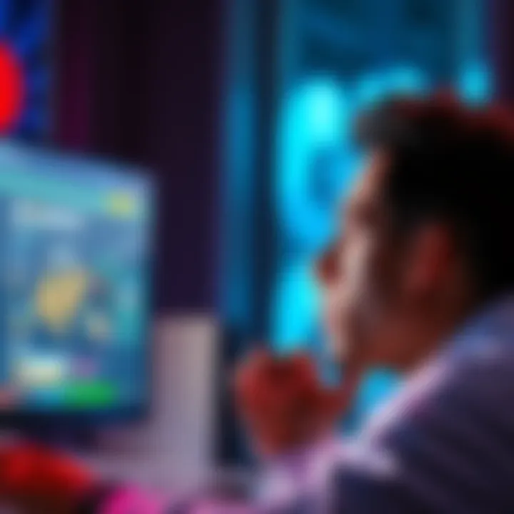A concerned individual looking at a computer screen with a worried expression, contemplating the trustworthiness of an online gaming site.