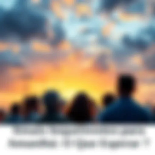 Group of concerned individuals gazing at the cloudy sky, expressing uncertainty about the future