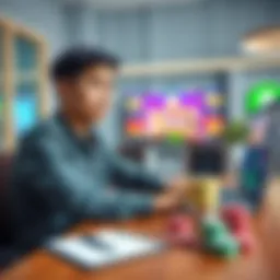 A person with a worried expression sitting at a desk, focused on a laptop displaying casino games, with stacks of chips and a notepad nearby.