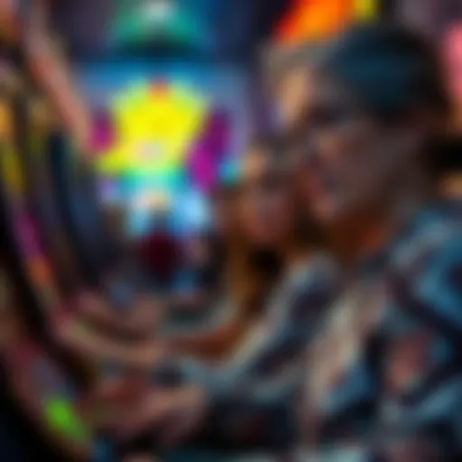 A worried daughter looks on as her 66-year-old mother plays slots at a casino, showing signs of fatigue.