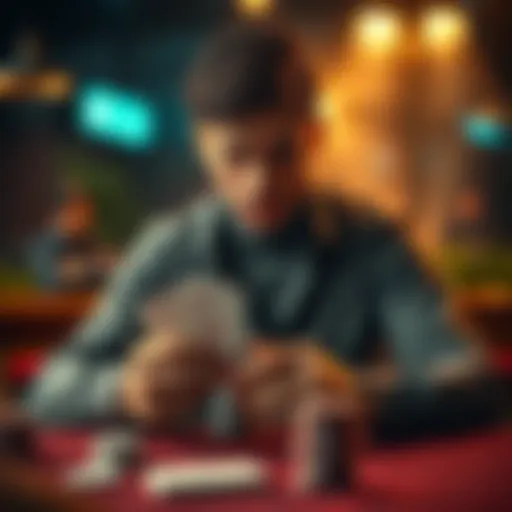 A focused person playing cards, showing determination and confidence while making a decision in a critical moment.
