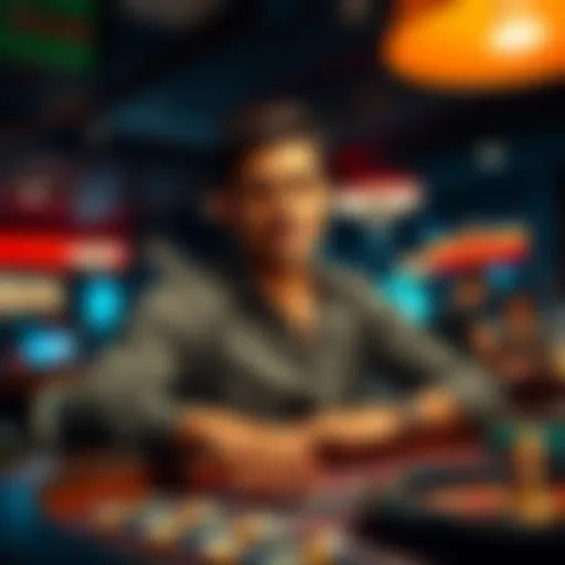 A confident individual at a betting table, showing determination and focus while placing bets, surrounded by a lively atmosphere.