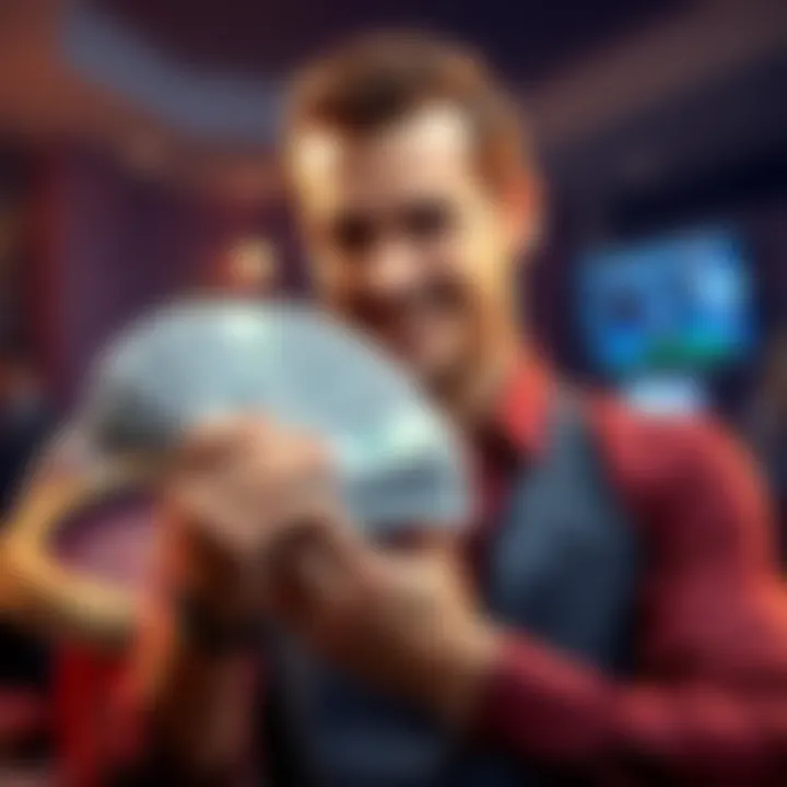 A gambler holds a stack of cash while looking hopeful about a bet he made.