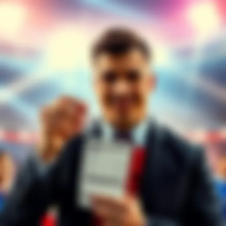 A confident gambler holds a betting slip with the FA Cup in the background, symbolizing hope for a big win after a long wait.