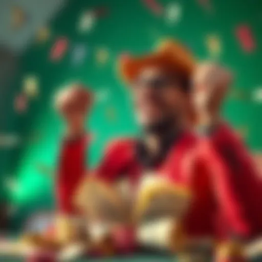 A confident gambler celebrating a winning bet, showing excitement and assurance, surrounded by money and betting slips.