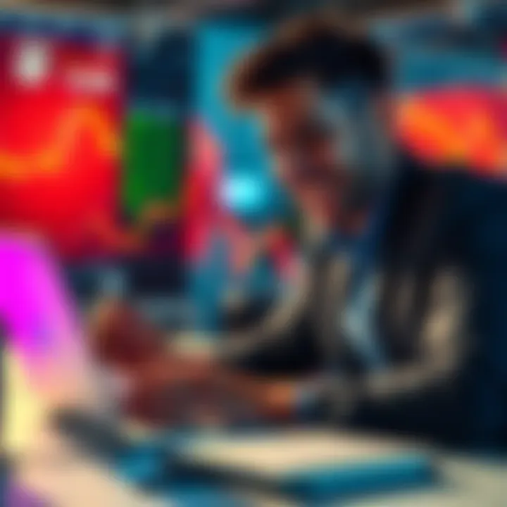 Confident investor celebrating investment success A proud investor smiling while looking at stock charts on a laptop, symbolizing financial success and authenticity in investments.