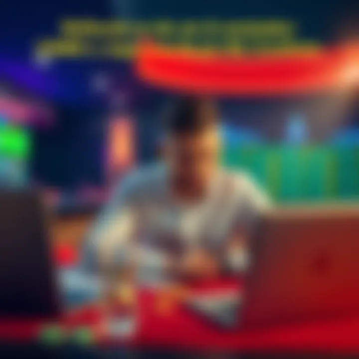 A thoughtful gambler sitting at a table with betting slips and a laptop, pondering over his recent game results, showing a mix of satisfaction and regret.