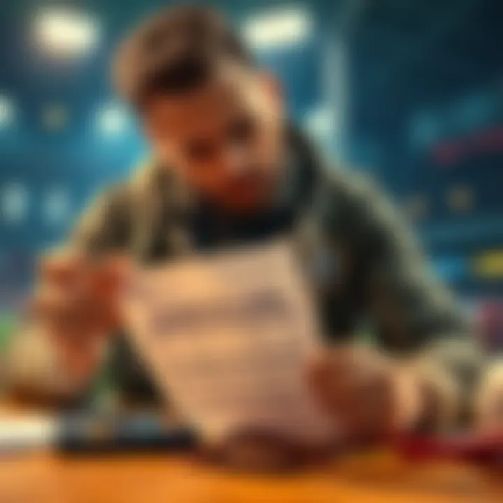Confused bettor looking at sports betting results A confused newcomer in sports betting examines a betting slip showing a canceled player with a calculator and sports schedule in front of them