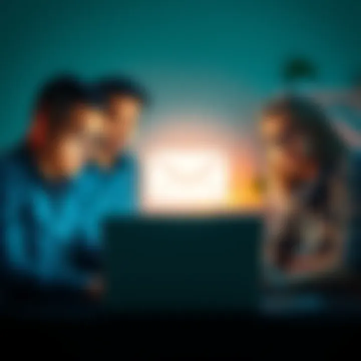 Confused people looking at a strange email Group of people discussing over a laptop about an unusual email they received