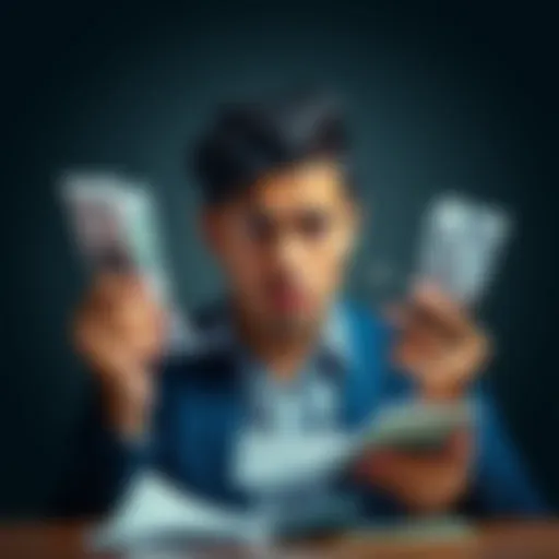 A person looks puzzled while holding receipts and a calculator, showing the confusion of splitting transactions.