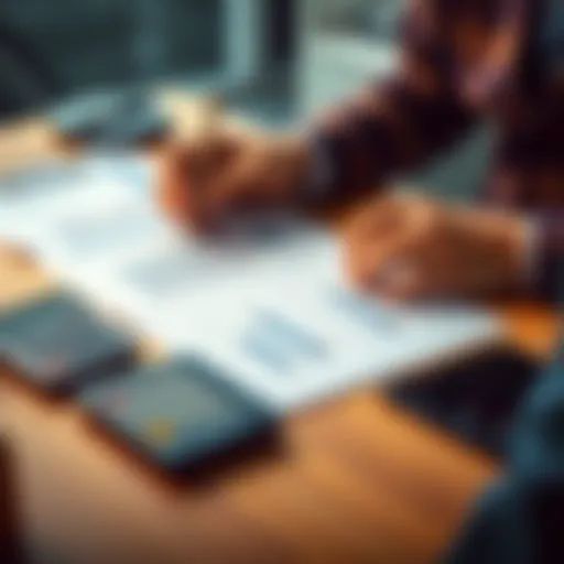 Considering a financial proposal A person weighing options with financial documents and a calculator on a desk.