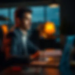 A person contemplating a career decision, sitting at a desk with a laptop and notepad, looking thoughtful