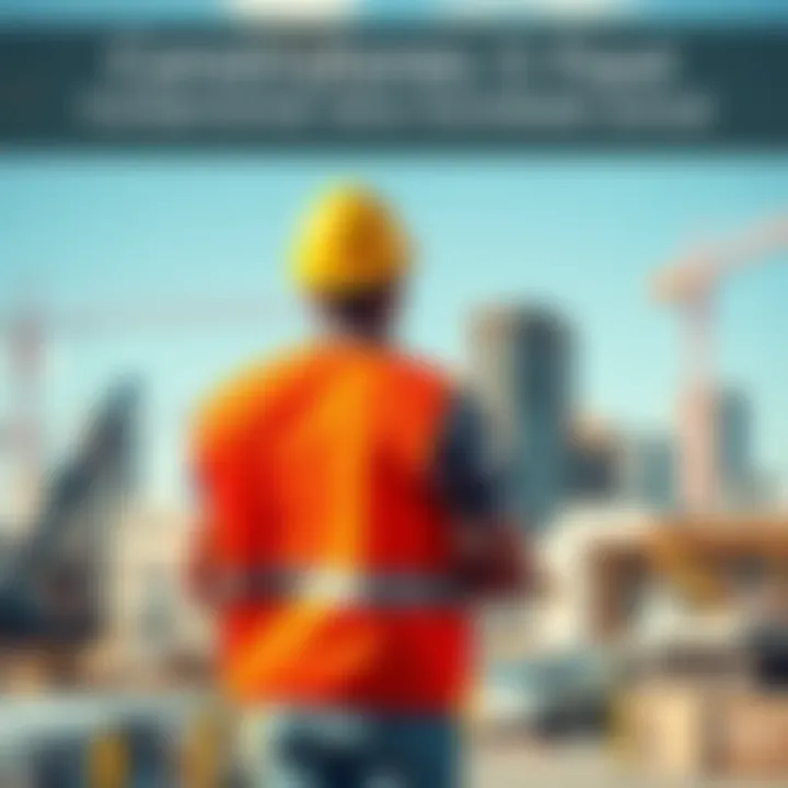 A construction worker wearing a hard hat and safety vest standing on a building site, measuring materials for a new project.