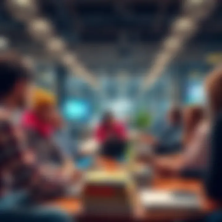 A group of people discussing modern ideas in a casual setting, surrounded by books and technology