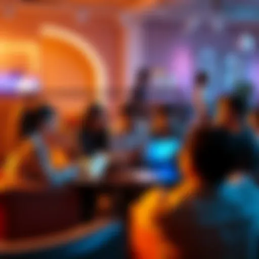 A group of people discussing content moderation in a casual setting with laptops and notes.