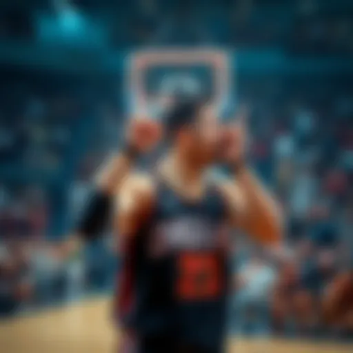 A basketball player making a foul gesture while looking frustrated, with a crowd reacting in the background