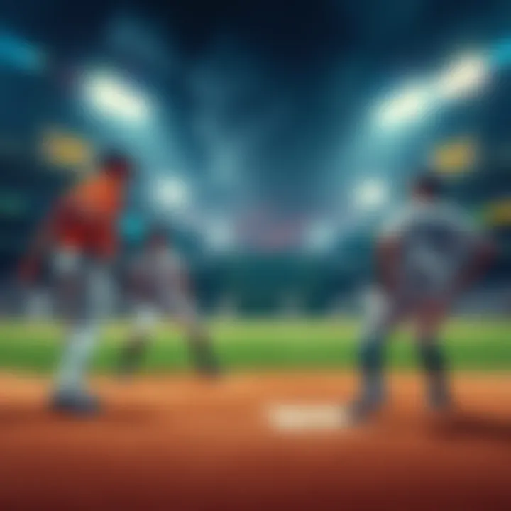 A baseball field showing players discussing a controversial play while the ball is on the ground