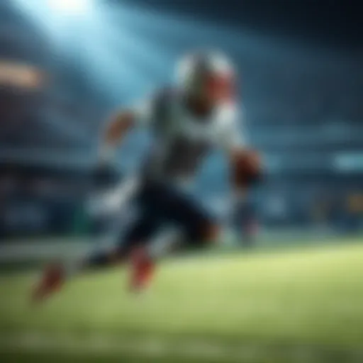 A player in a Patriots uniform, Cook, sprinting with a football during a game, showcasing his speed and agility on the field