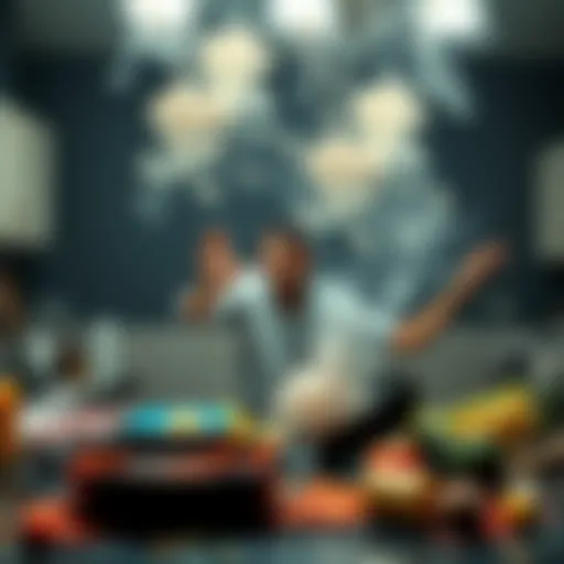 A chaotic kitchen scene with spilled ingredients, smoke rising, and a person looking shocked while holding a burnt pan.
