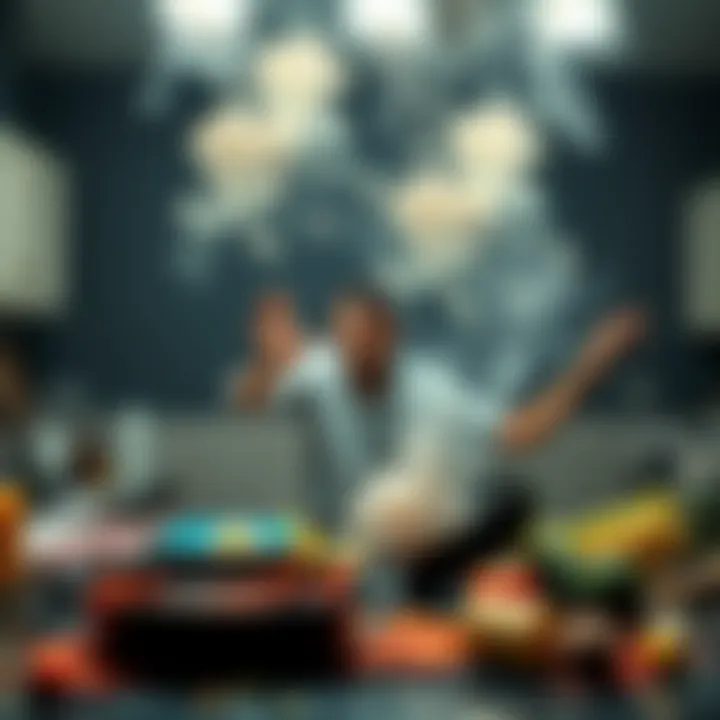 A chaotic kitchen scene with spilled ingredients, smoke rising, and a person looking shocked while holding a burnt pan.