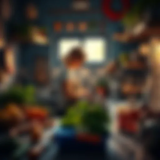 A person cooking in a small kitchen, creating meals with low-cost ingredients, surrounded by fresh vegetables and simple kitchen tools.