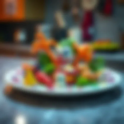 A colorful plate of food inspired by the Joker, featuring whimsical designs and vibrant colors, set on a kitchen counter.