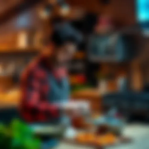 A person reflecting on their cooking skills while preparing a meal in a cozy kitchen.