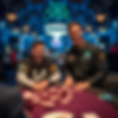 Corey Eyring standing with a DoorDash driver, both smiling at a poker table at the World Series of Poker, surrounded by chips and cards