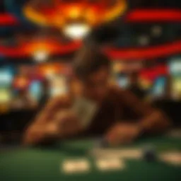 A frustrated gambler at a casino table with a losing hand, surrounded by dim lights and other players, reflecting the tough night.