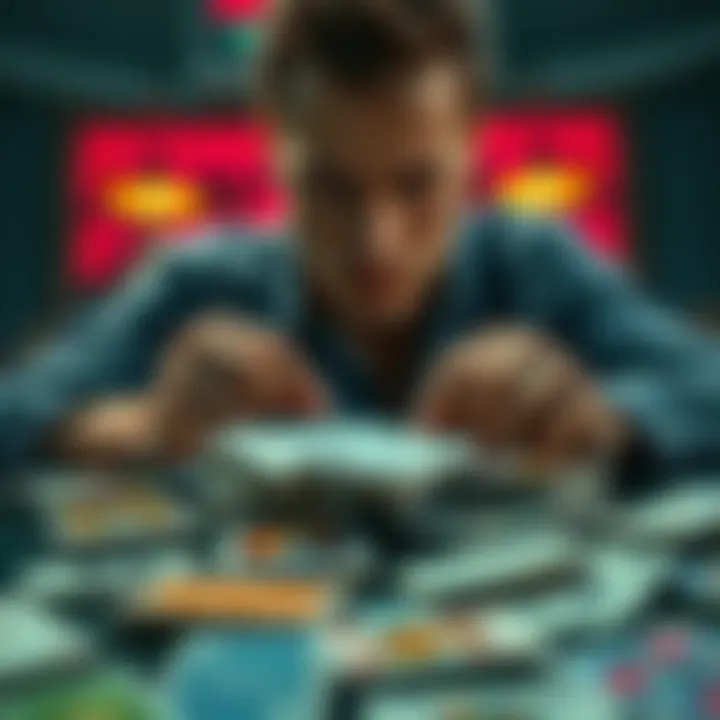 A person counting a deck of playing cards with focused expression, surrounded by an assortment of cards on a table.