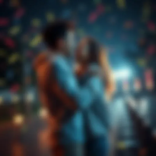 A happy couple embracing and celebrating their incredible victory at night, surrounded by confetti and bright lights.