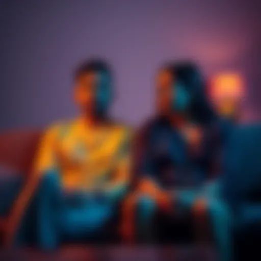 A man and woman sitting side by side on a couch, appearing worried and deep in conversation about gambling addiction